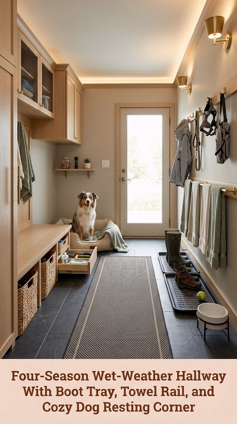 17. Four-Season Wet-Weather Hallway With Boot Tray, Towel Rail, and Cozy Dog Resting Corner