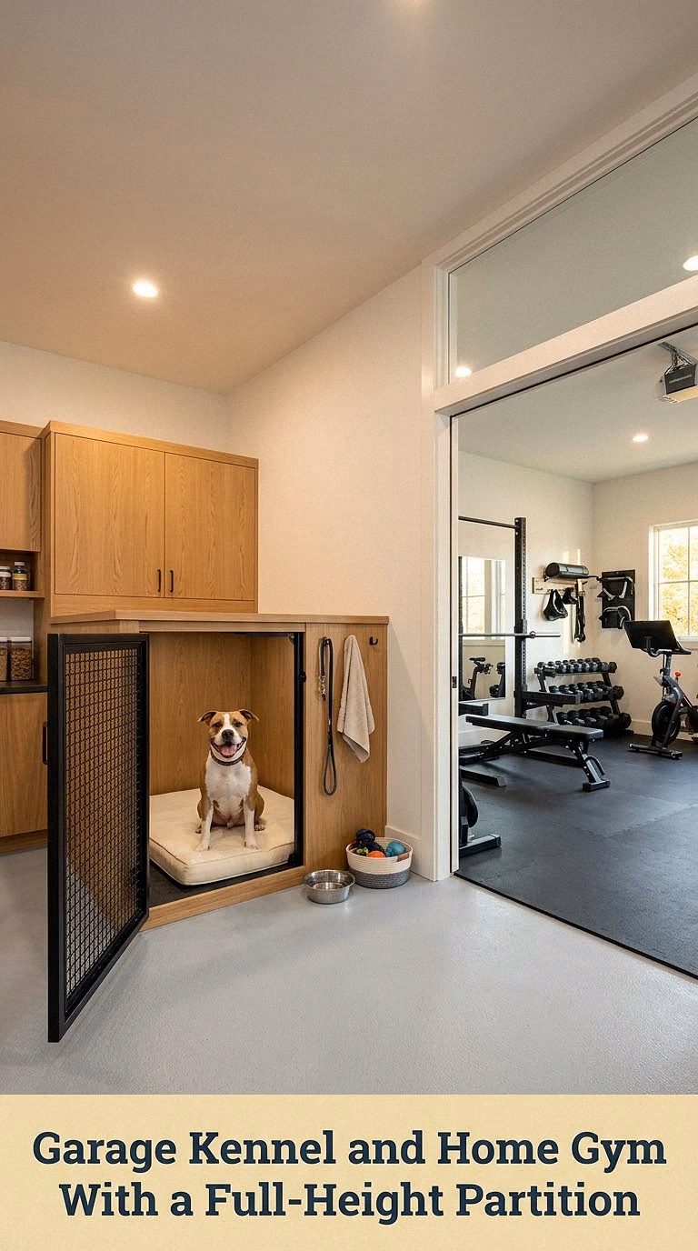 Garage Kennel and Home Gym With a Full-Height Partition