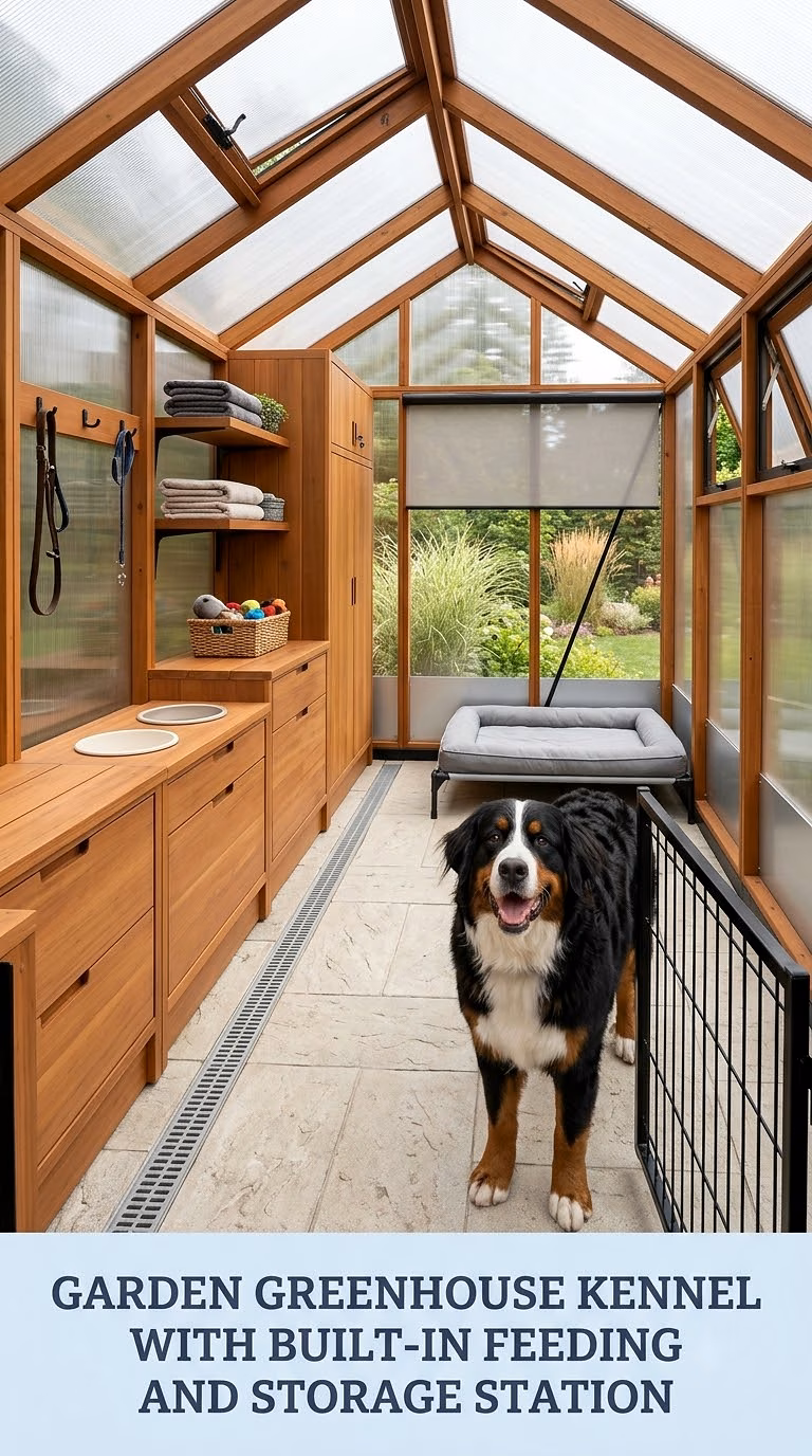 Garden Greenhouse Kennel With Built-In Feeding and Storage Station