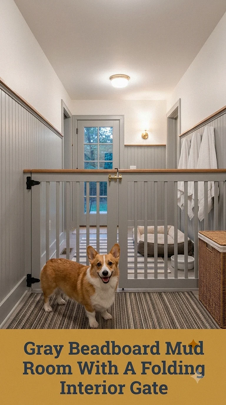 Gray Beadboard Mud Room With A Folding Interior Gate