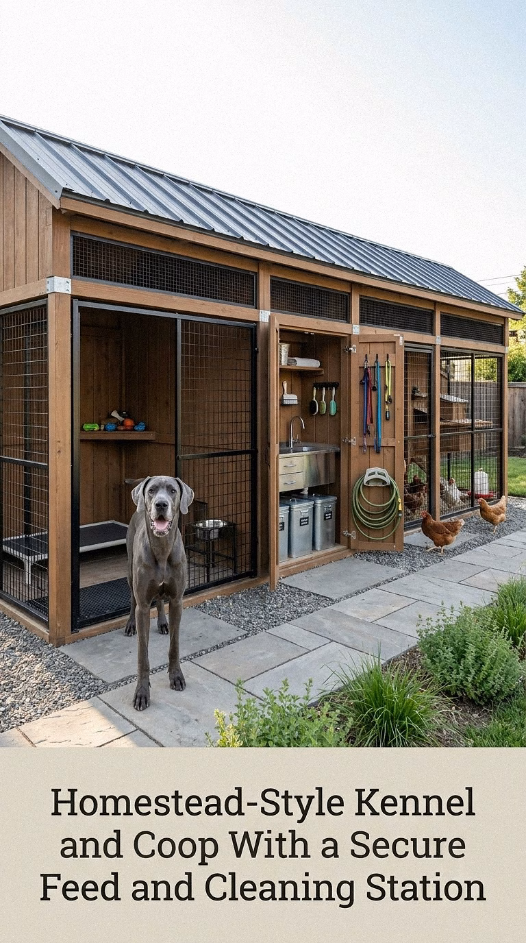 Homestead-Style Kennel and Coop With a Secure Feed and Cleaning Station