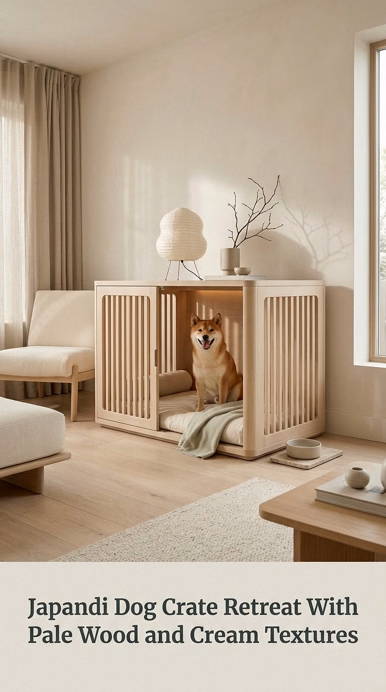 Japandi Dog Crate Retreat With Pale Wood and Cream Textures