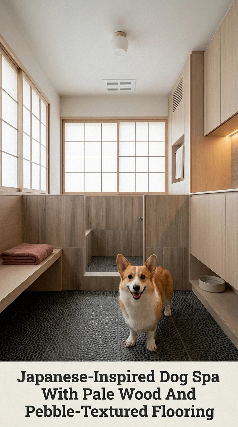 Japanese-Inspired Dog Spa With Pale Wood And Pebble-Textured Flooring