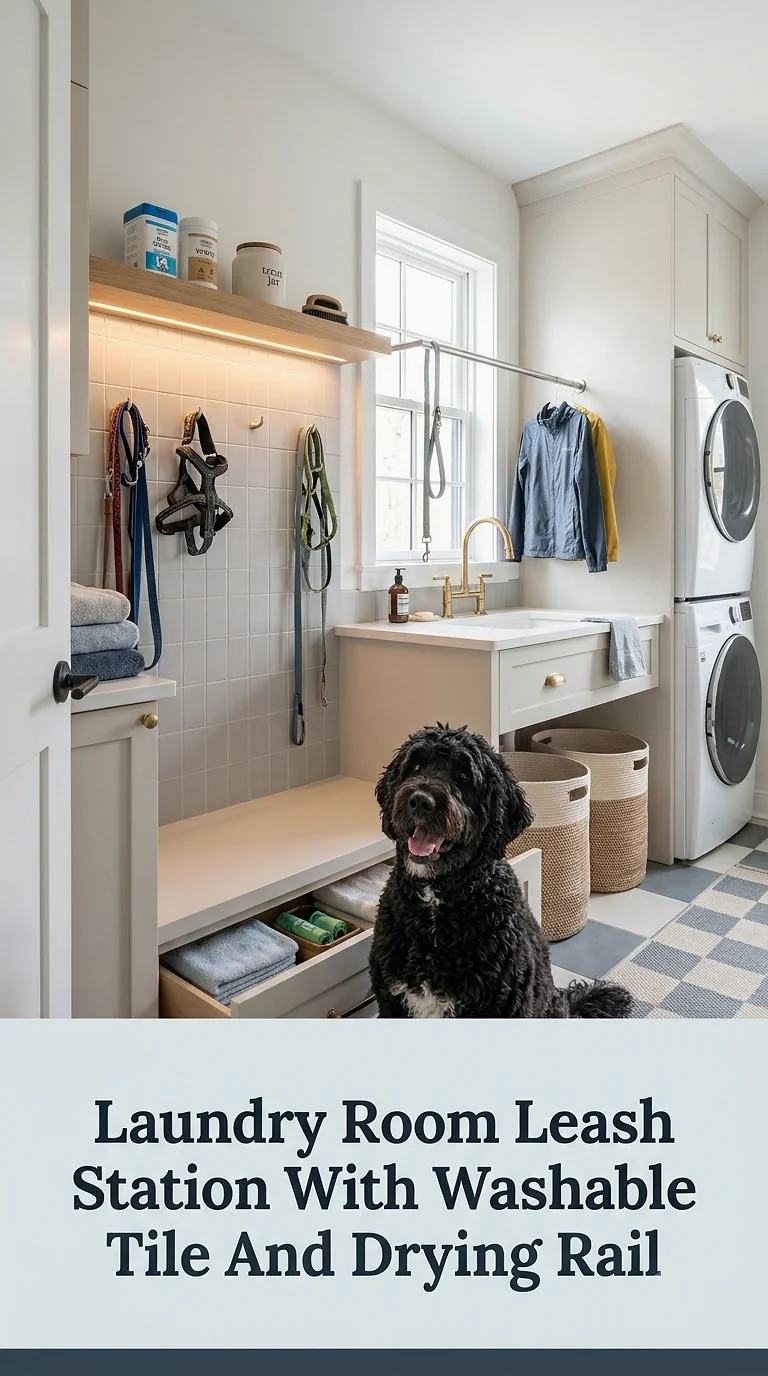 Laundry Room Leash Station With Washable Tile And Drying Rail