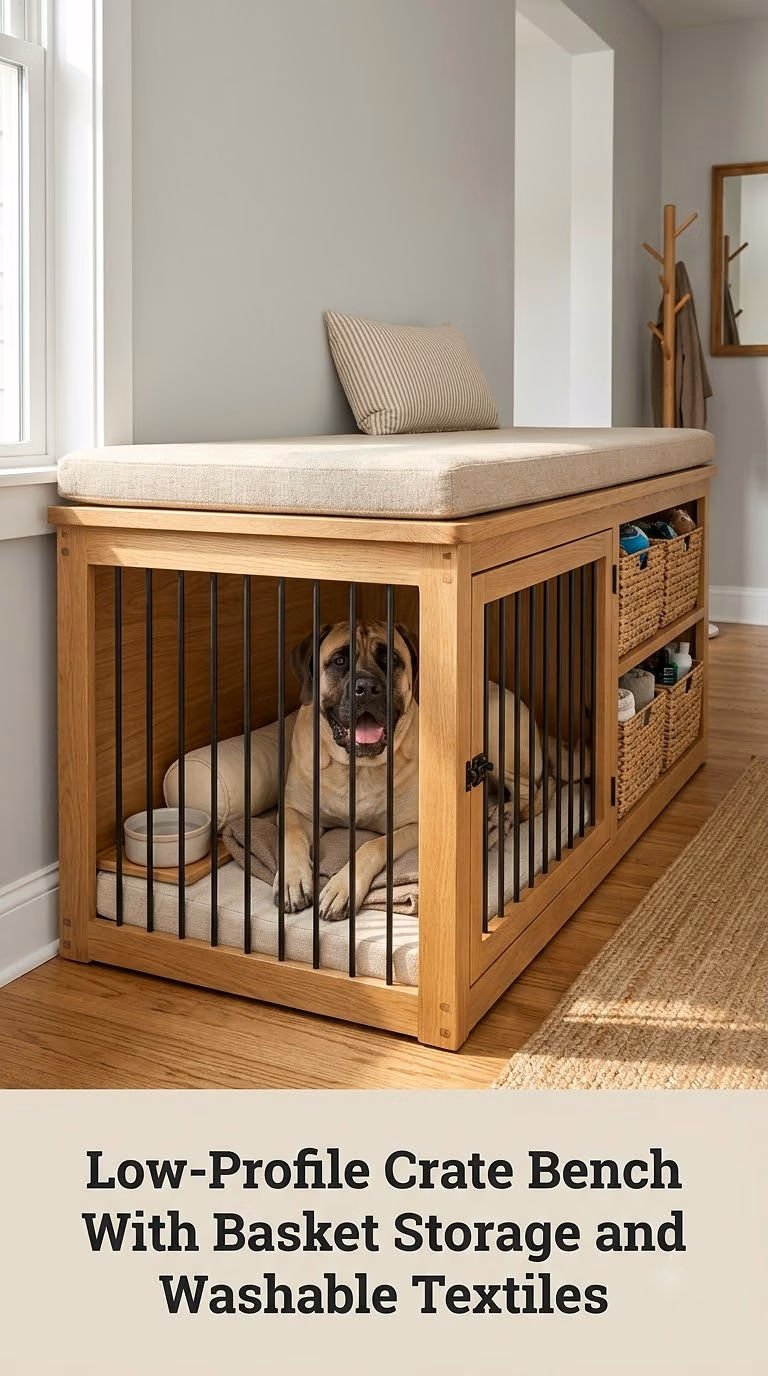 Low-Profile Crate Bench With Basket Storage and Washable Textiles