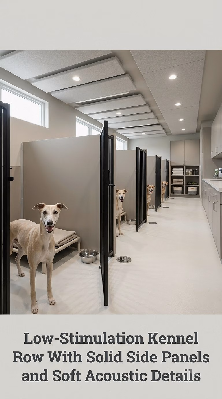 Low-Stimulation Kennel Row With Solid Side Panels and Soft Acoustic Details
