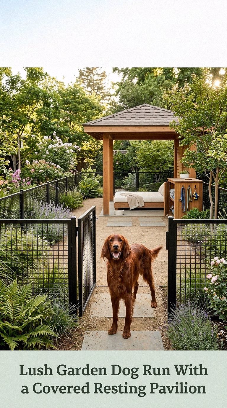Lush Garden Dog Run With a Covered Resting Pavilion