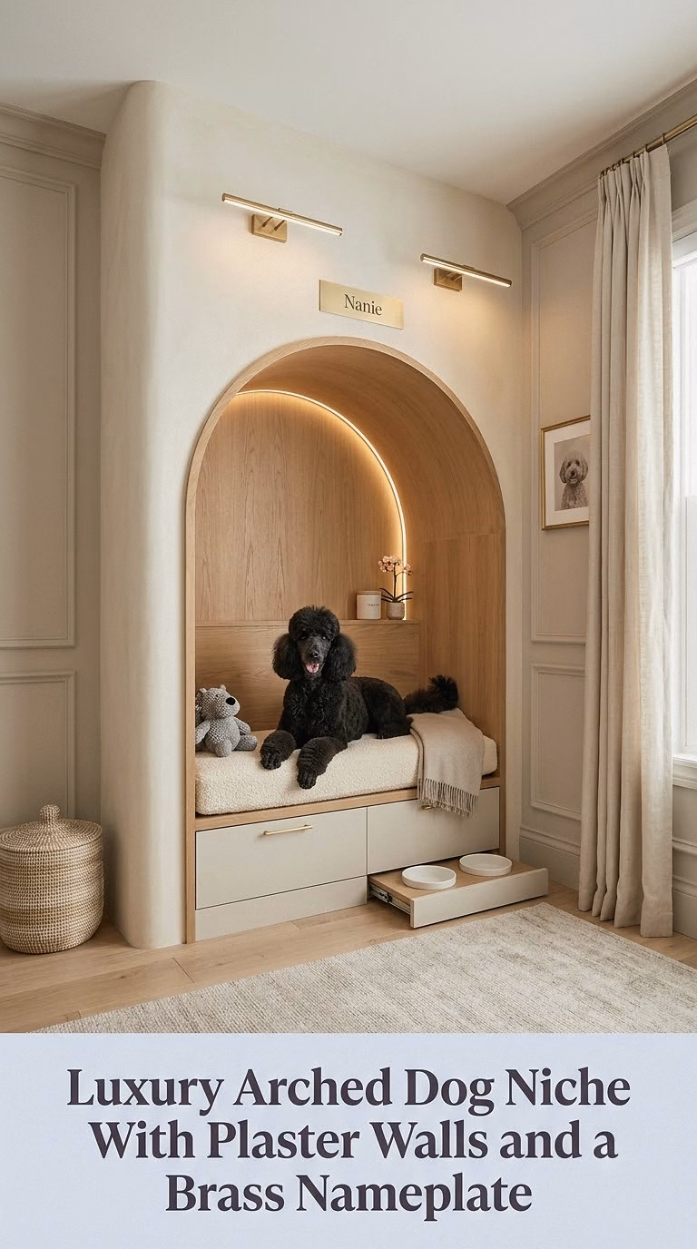 17. Luxury Arched Dog Niche With Plaster Walls and a Brass Nameplate