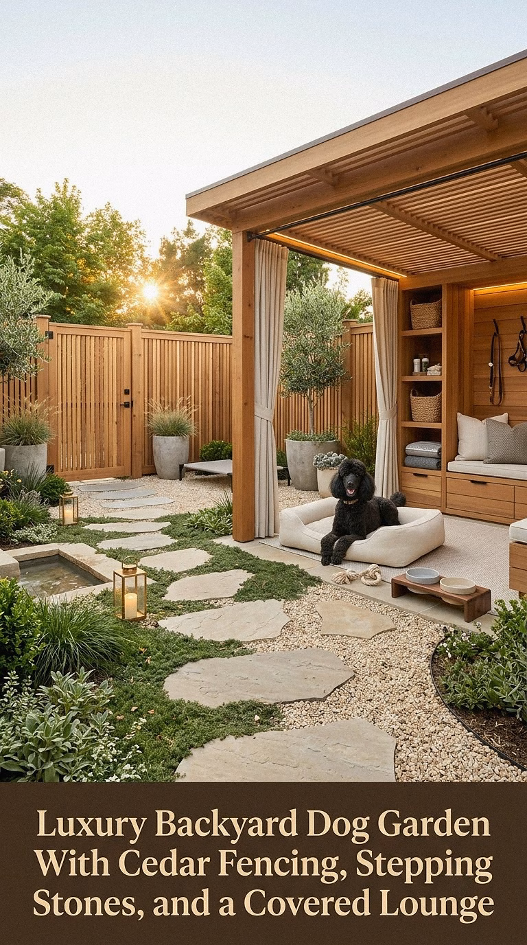 17. Luxury Backyard Dog Garden With Cedar Fencing, Stepping Stones, and a Covered Lounge