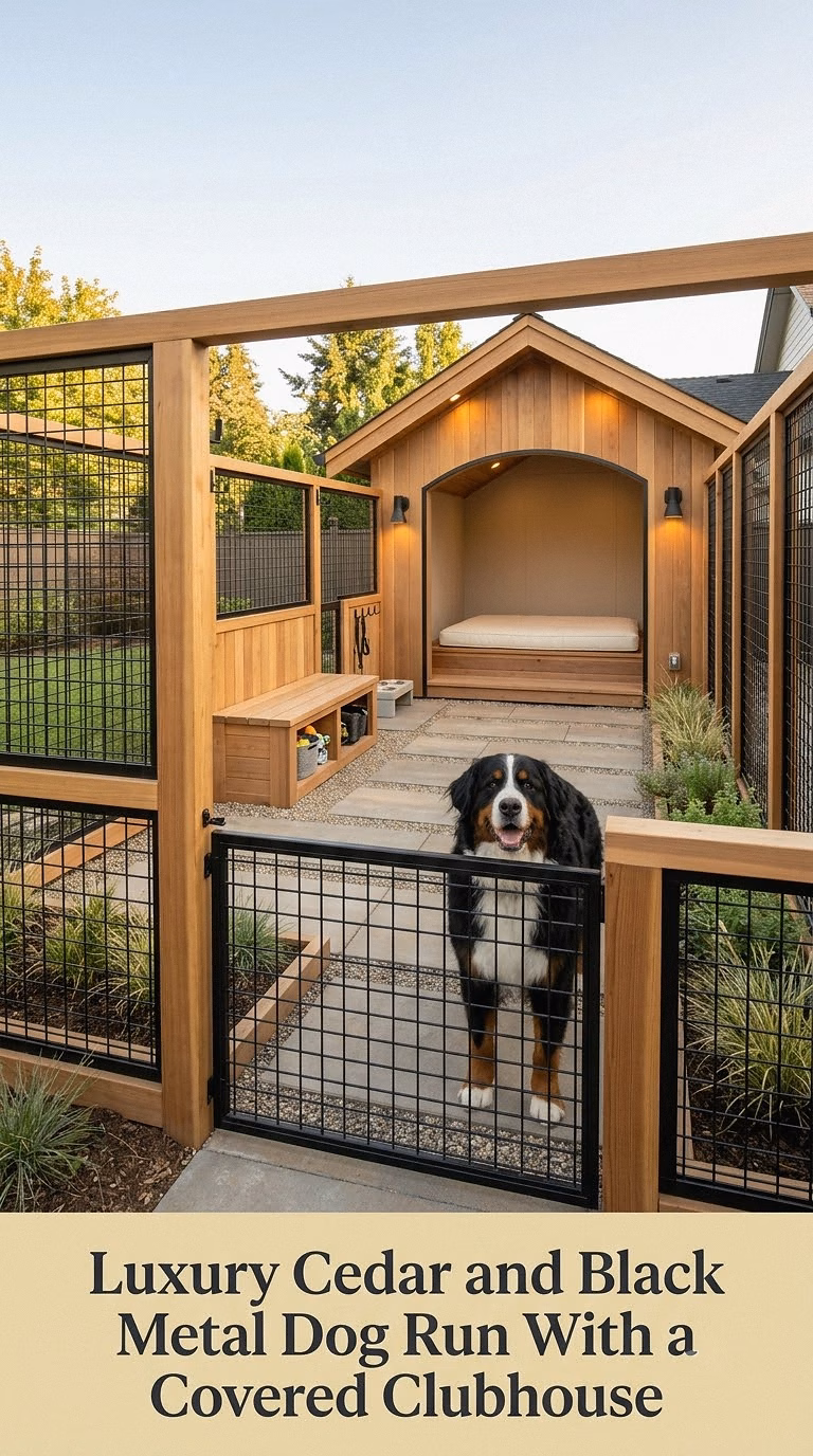 Luxury Cedar and Black Metal Dog Run With a Covered Clubhouse