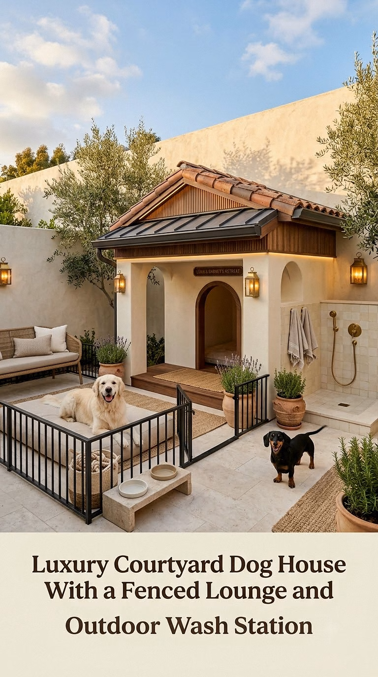 Luxury Courtyard Dog House With a Fenced Lounge and Outdoor Wash Station