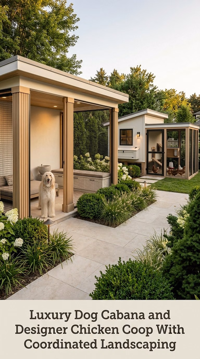 Luxury Dog Cabana and Designer Chicken Coop With Coordinated Landscaping