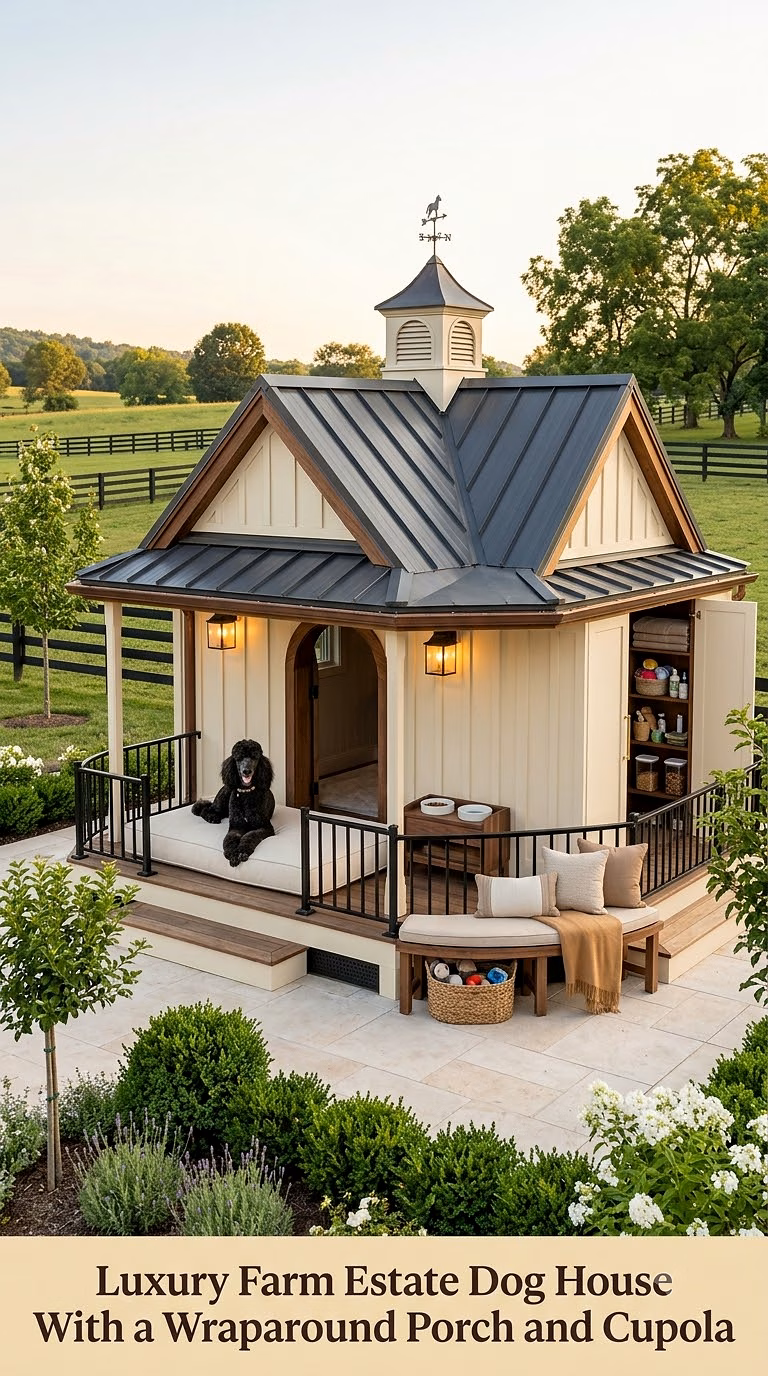 17. Luxury Farm Estate Dog House With a Wraparound Porch and Cupola