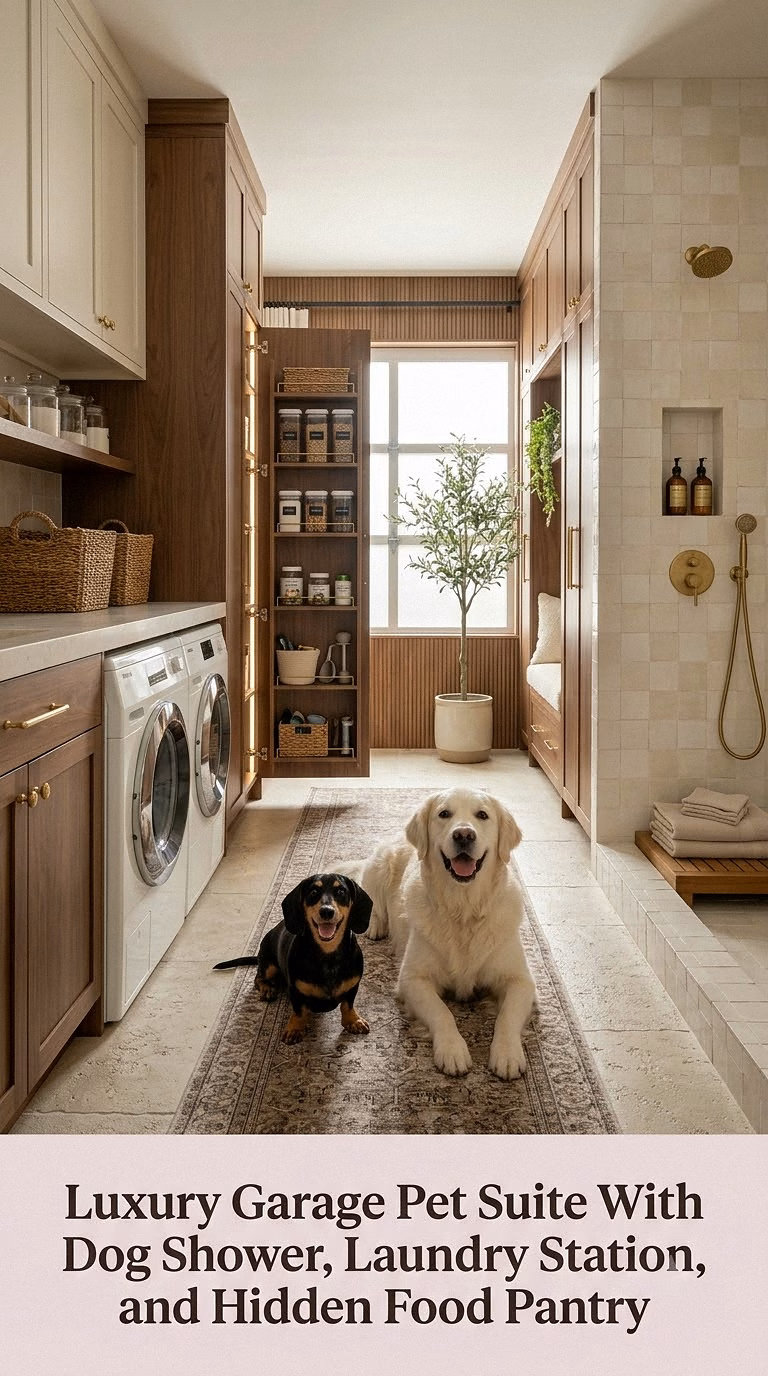 17. Luxury Garage Pet Suite With Dog Shower, Laundry Station, and Hidden Food Pantry