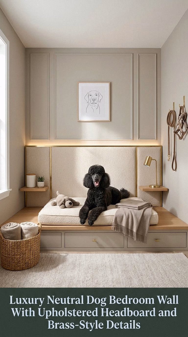 17. Luxury Neutral Dog Bedroom Wall With Upholstered Headboard and Brass-Style Details
