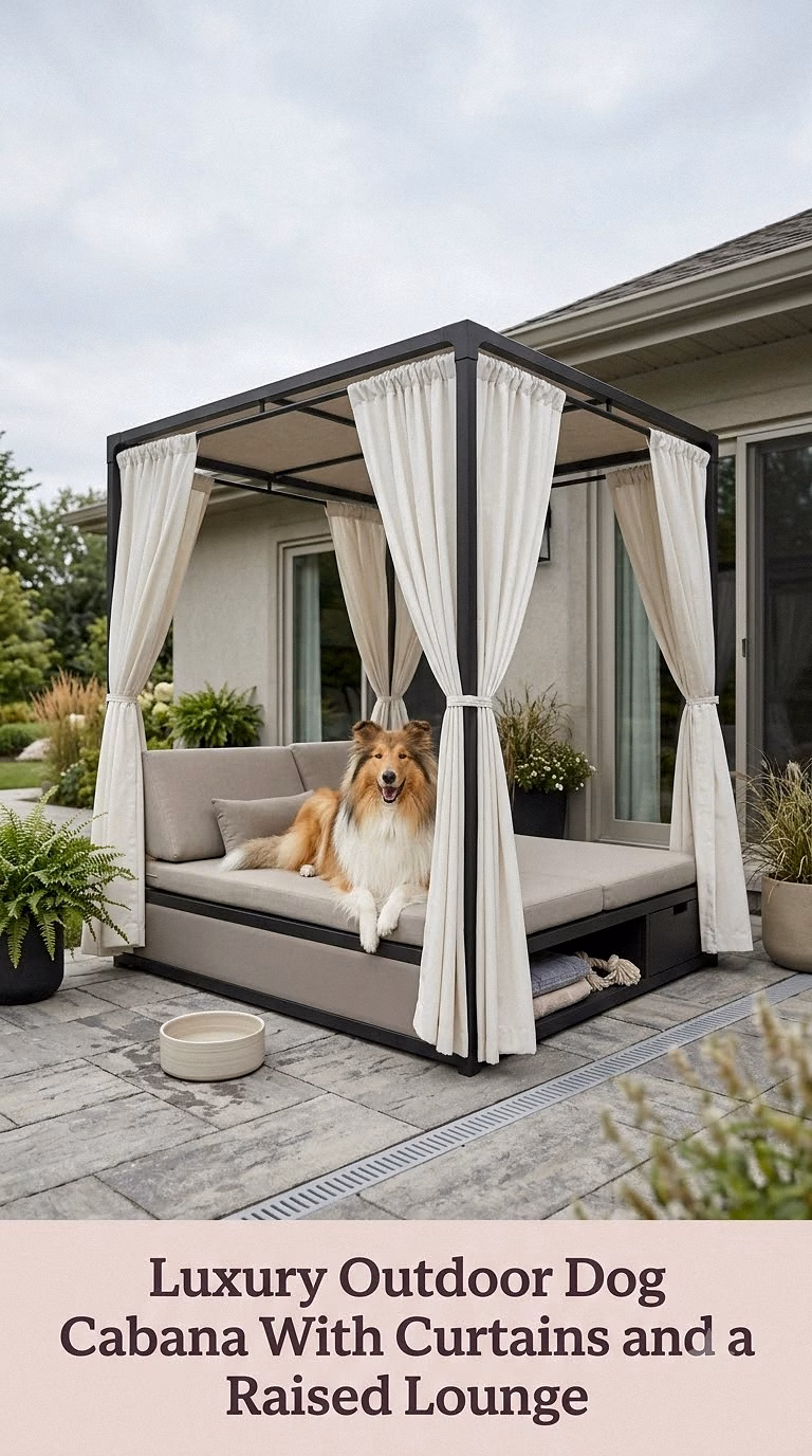 Luxury Outdoor Dog Cabana With Curtains and a Raised Lounge