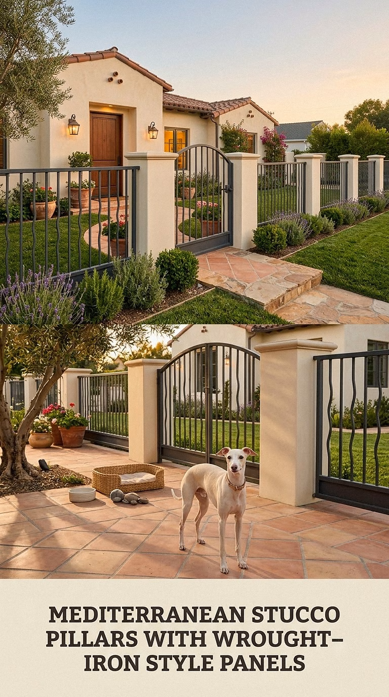 Mediterranean Stucco Pillars With Wrought-Iron Style Panels