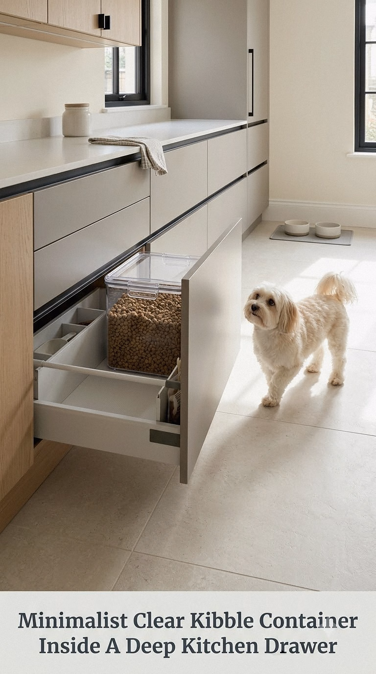 Minimalist Clear Kibble Container Inside A Deep Kitchen Drawer