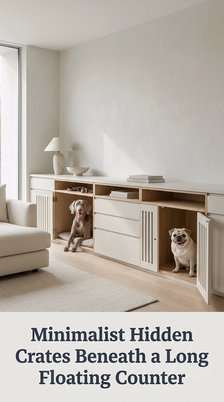 Minimalist Hidden Crates Beneath a Long Floating Counter