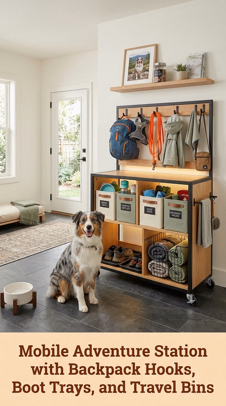 Mobile Adventure Station with Backpack Hooks, Boot Trays, and Travel Bins