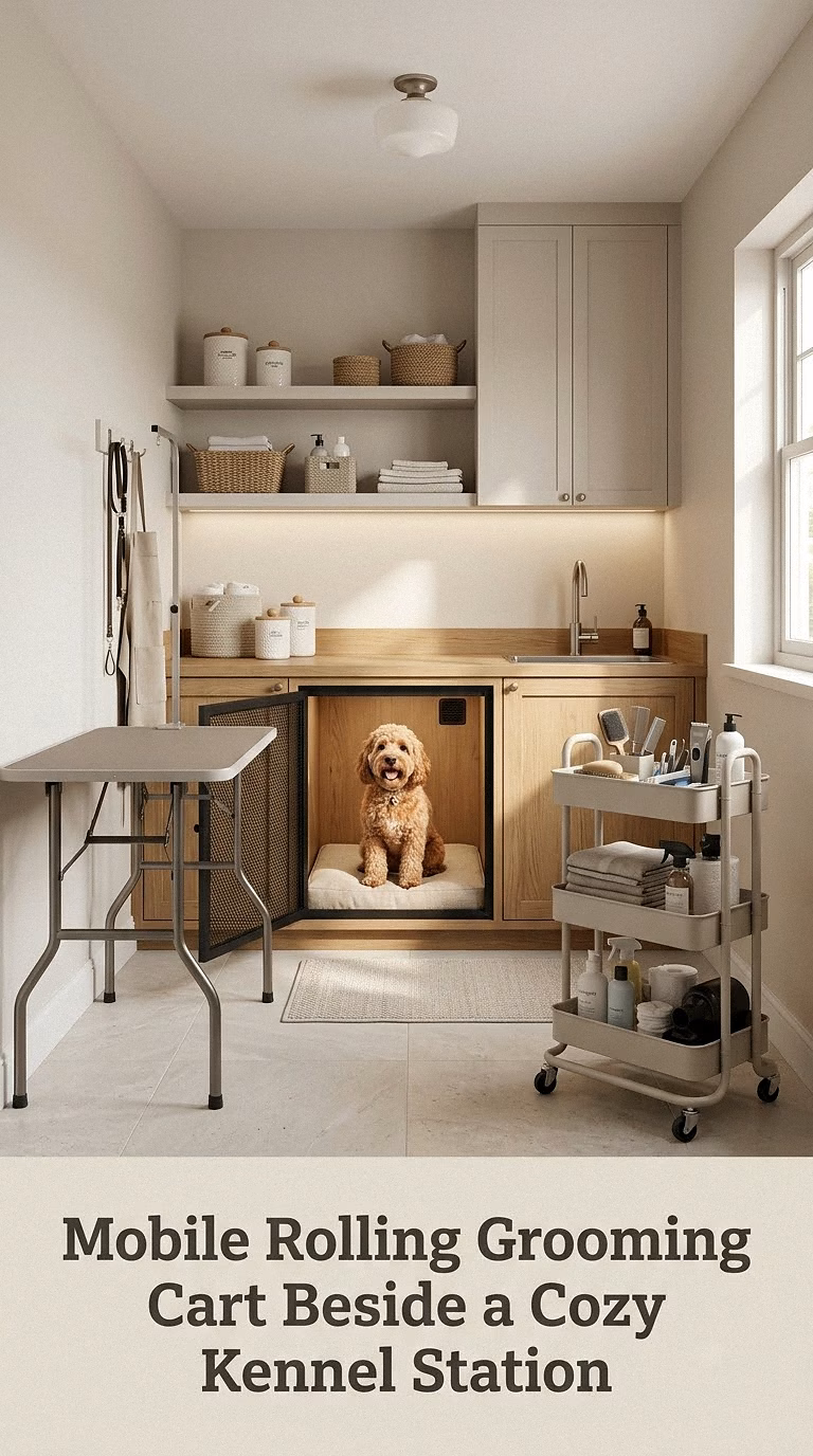 Mobile Rolling Grooming Cart Beside a Cozy Kennel Station