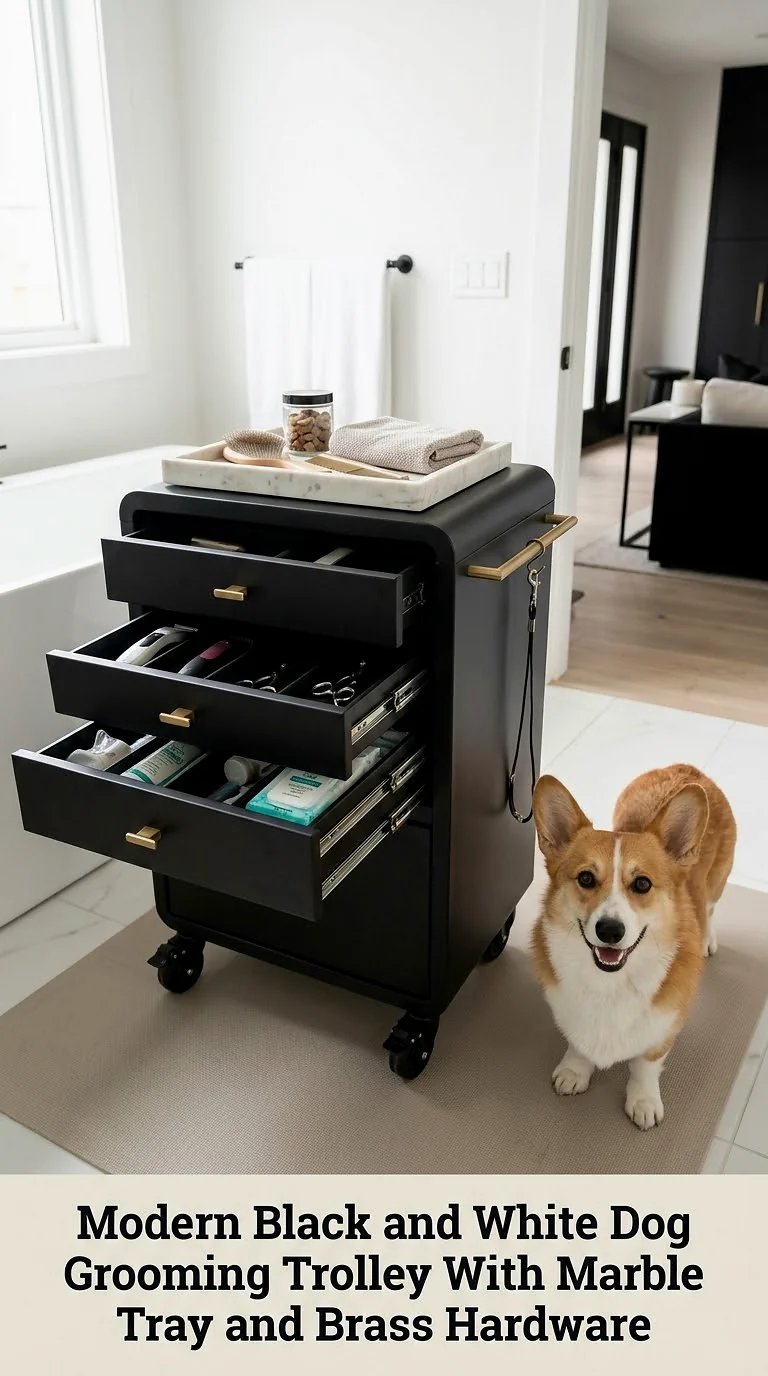 Modern Black and White Dog Grooming Trolley With Marble Tray and Brass Hardware