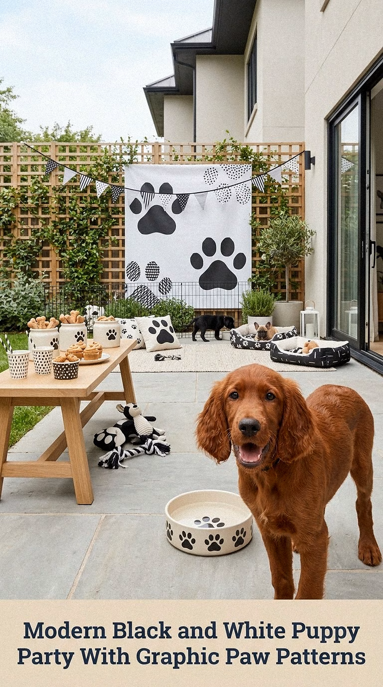 Modern Black and White Puppy Party With Graphic Paw Patterns