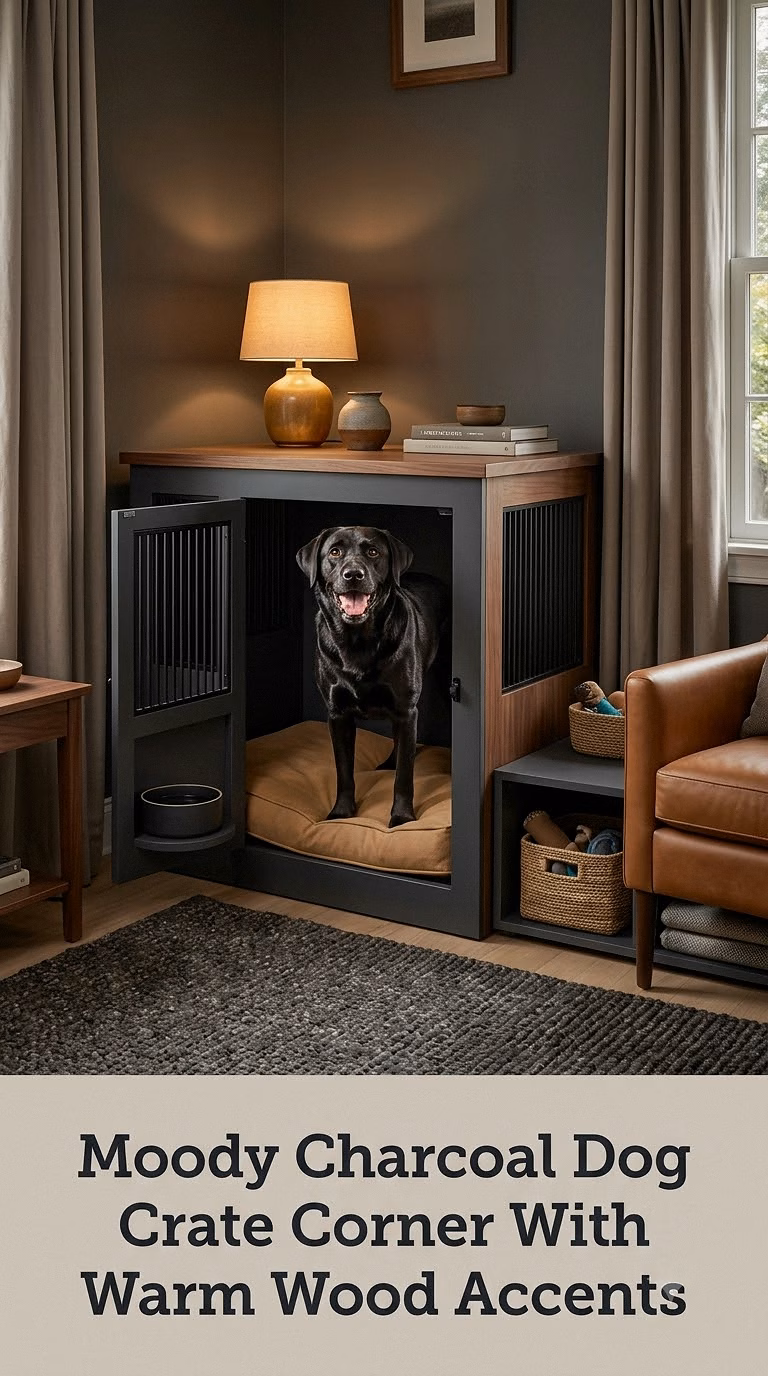 Moody Charcoal Dog Crate Corner With Warm Wood Accents