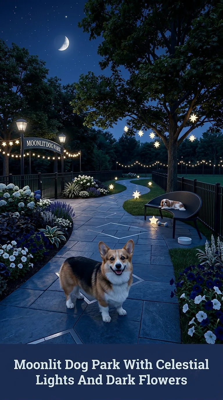 Moonlit Dog Park With Celestial Lights And Dark Flowers
