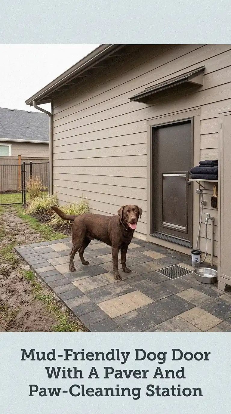 Mud-Friendly Dog Door With A Paver And Paw-Cleaning Station