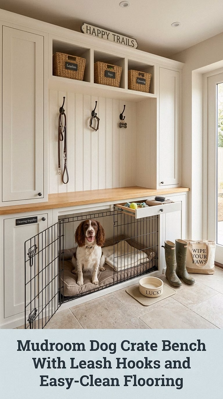 Mudroom Dog Crate Bench With Leash Hooks and Easy-Clean Flooring