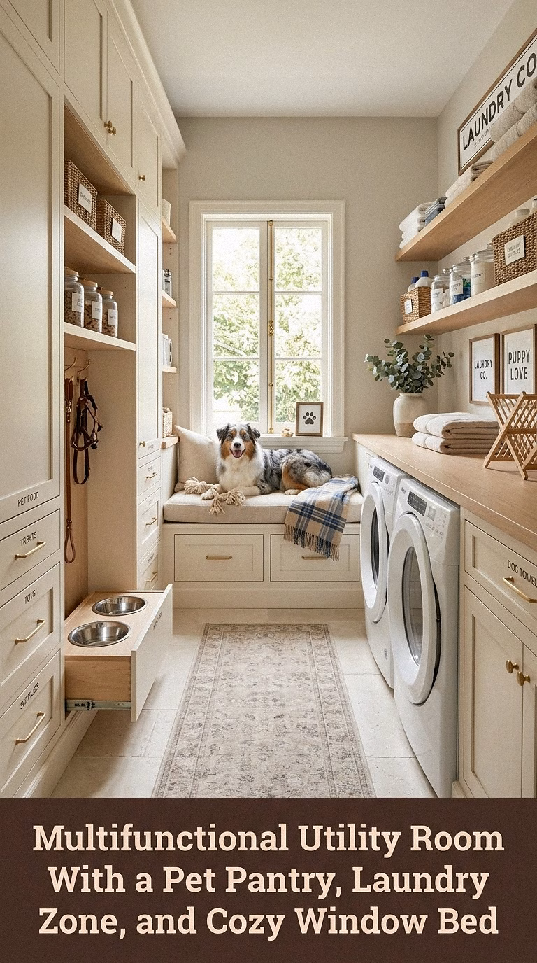 17. Multifunctional Utility Room With a Pet Pantry, Laundry Zone, and Cozy Window Bed