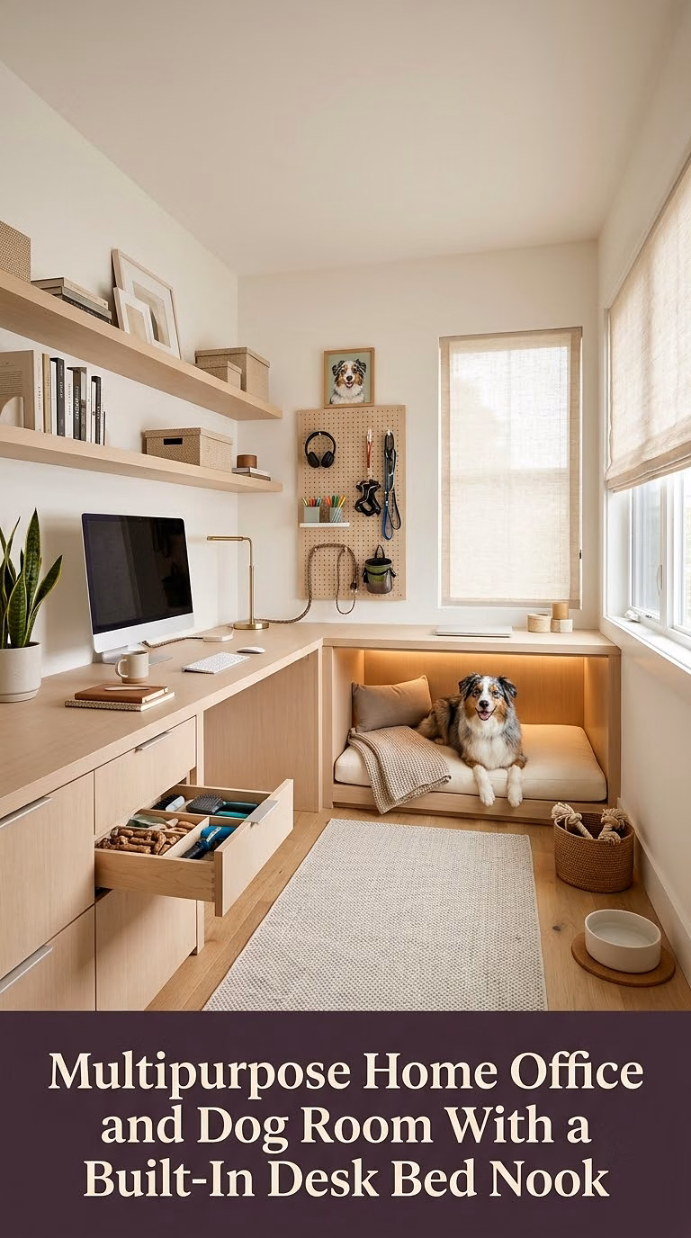 17. Multipurpose Home Office and Dog Room With a Built-In Desk Bed Nook