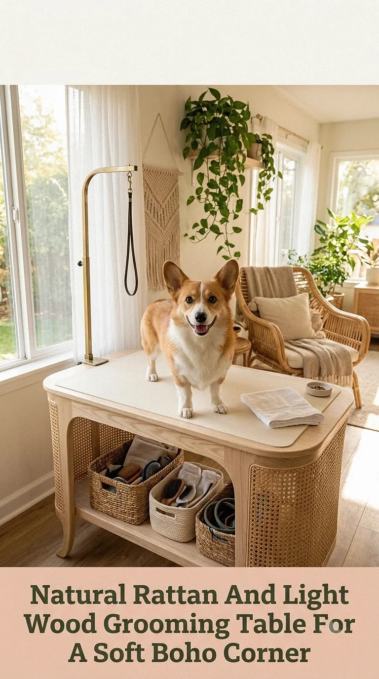 Natural Rattan And Light Wood Grooming Table For A Soft Boho Corner