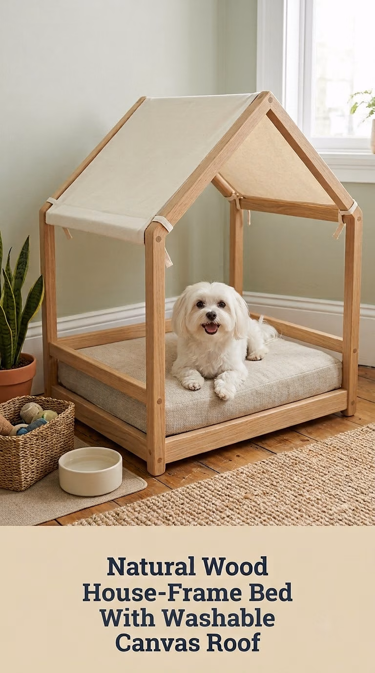Natural Wood House-Frame Bed With Washable Canvas Roof