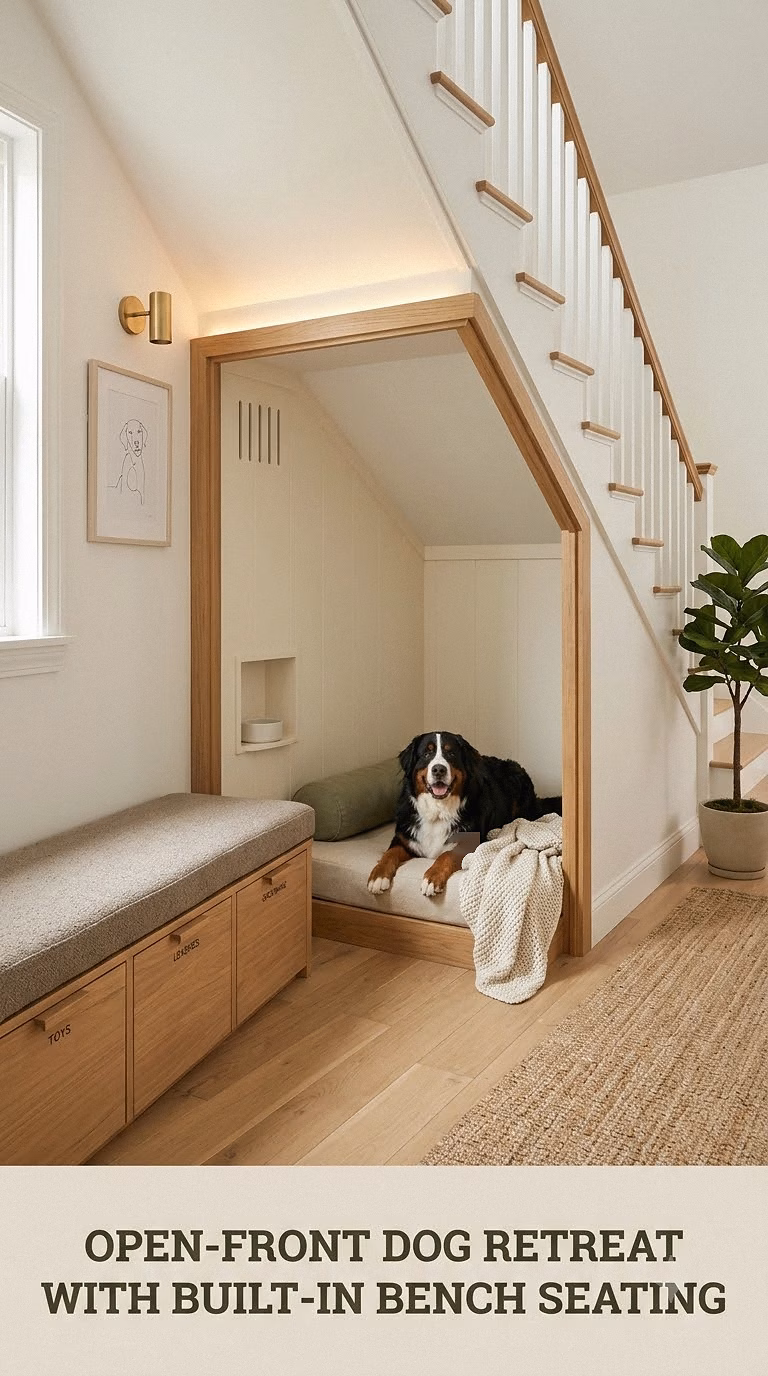 Open-Front Dog Retreat With Built-In Bench Seating
