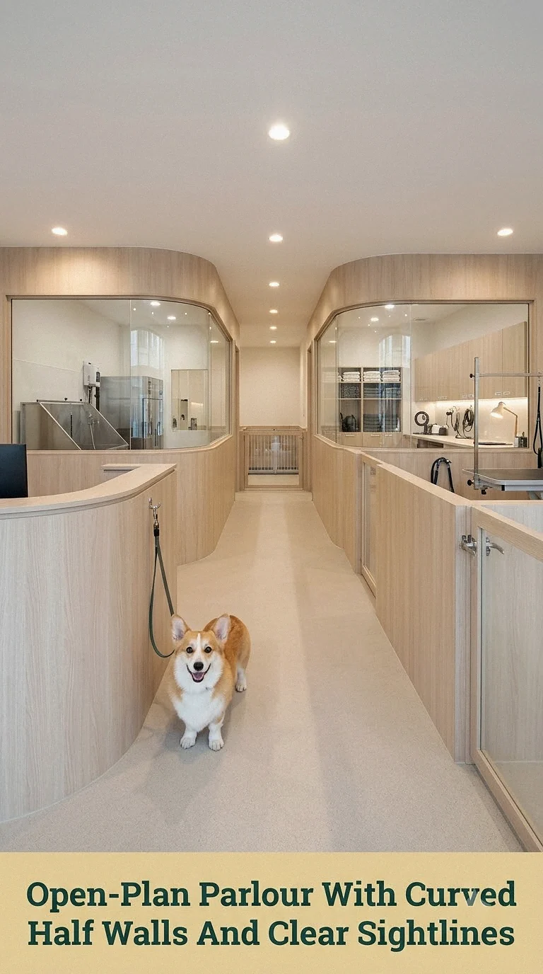 Open-Plan Parlour With Curved Half Walls And Clear Sightlines