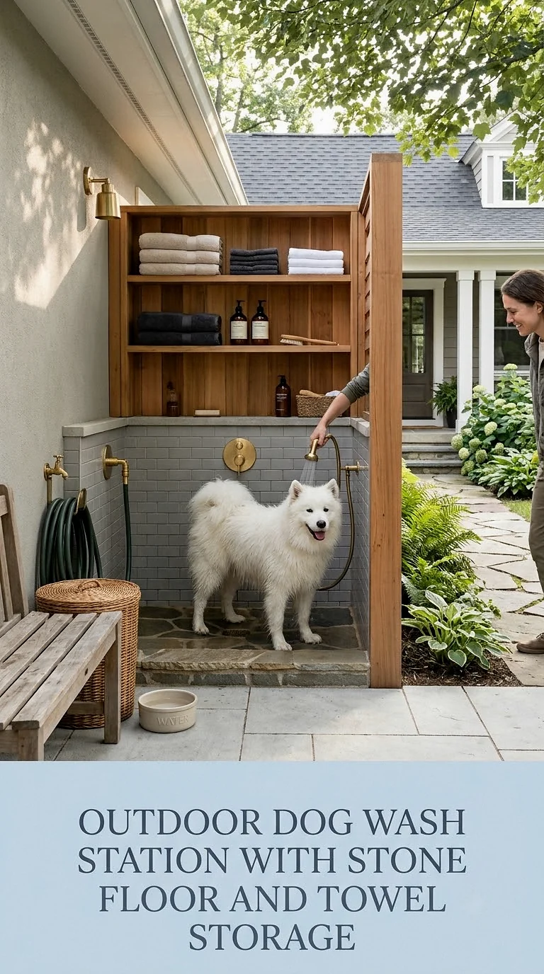 Outdoor Dog Wash Station With Stone Floor And Towel Storage