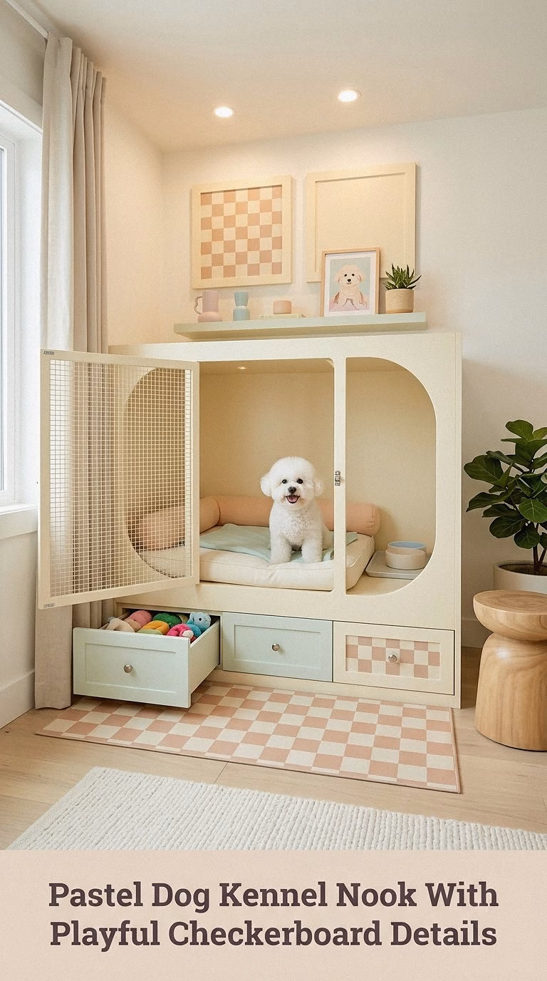 Pastel Dog Kennel Nook With Playful Checkerboard Details