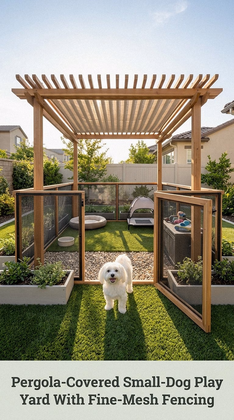 Pergola-Covered Small-Dog Play Yard With Fine-Mesh Fencing