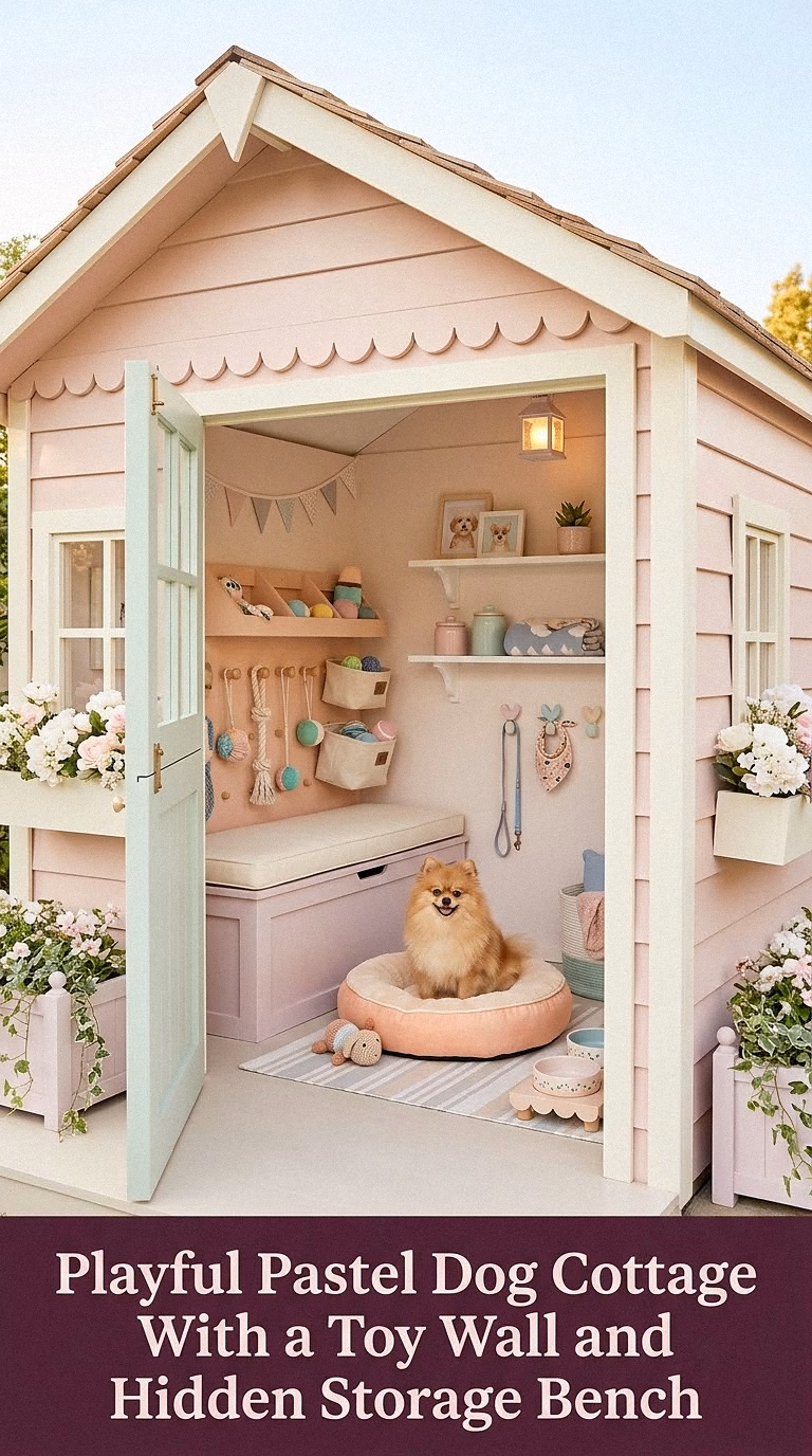 17. Playful Pastel Dog Cottage With a Toy Wall and Hidden Storage Bench
