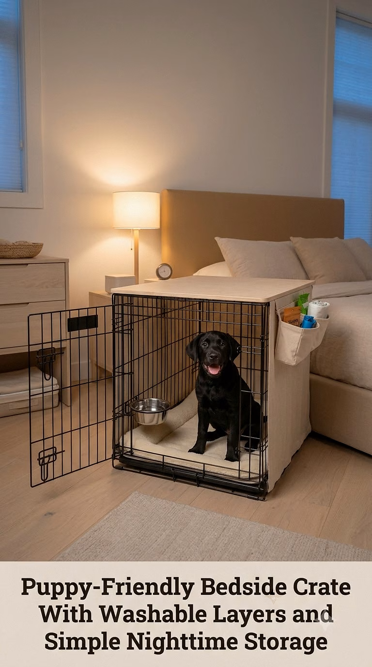 Puppy-Friendly Bedside Crate With Washable Layers and Simple Nighttime Storage