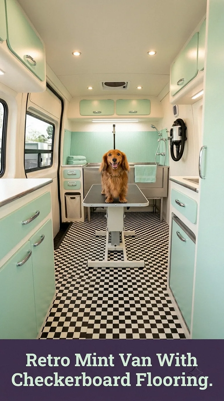 Retro Mint Van With Checkerboard Flooring