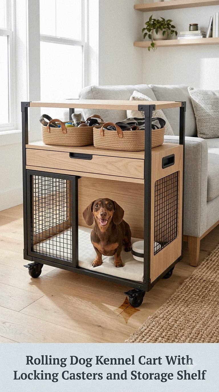 Rolling Dog Kennel Cart With Locking Casters and Storage Shelf