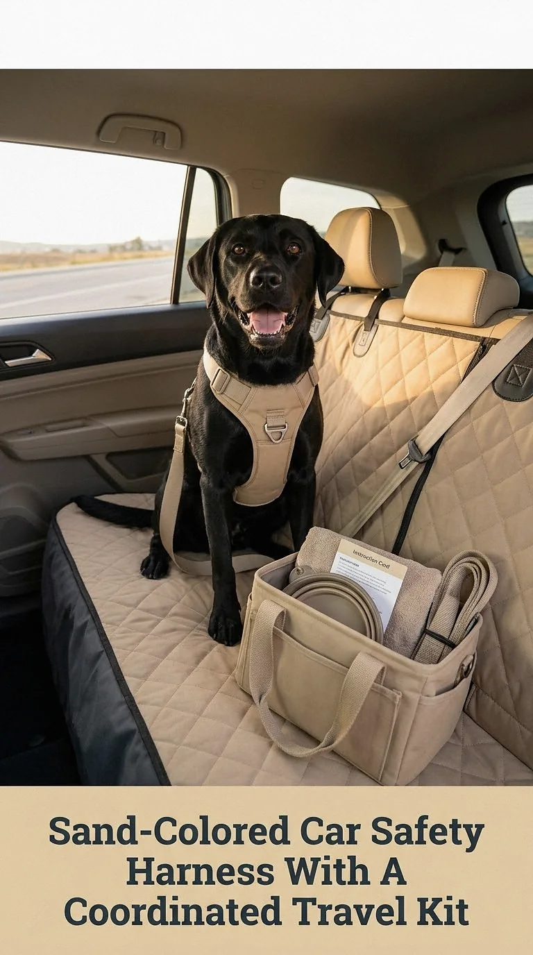Sand-Colored Car Safety Harness With A Coordinated Travel Kit