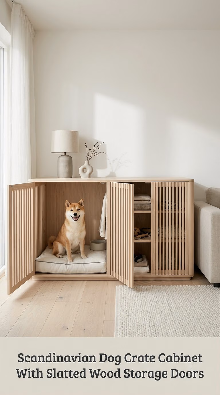 Scandinavian Dog Crate Cabinet With Slatted Wood Storage Doors