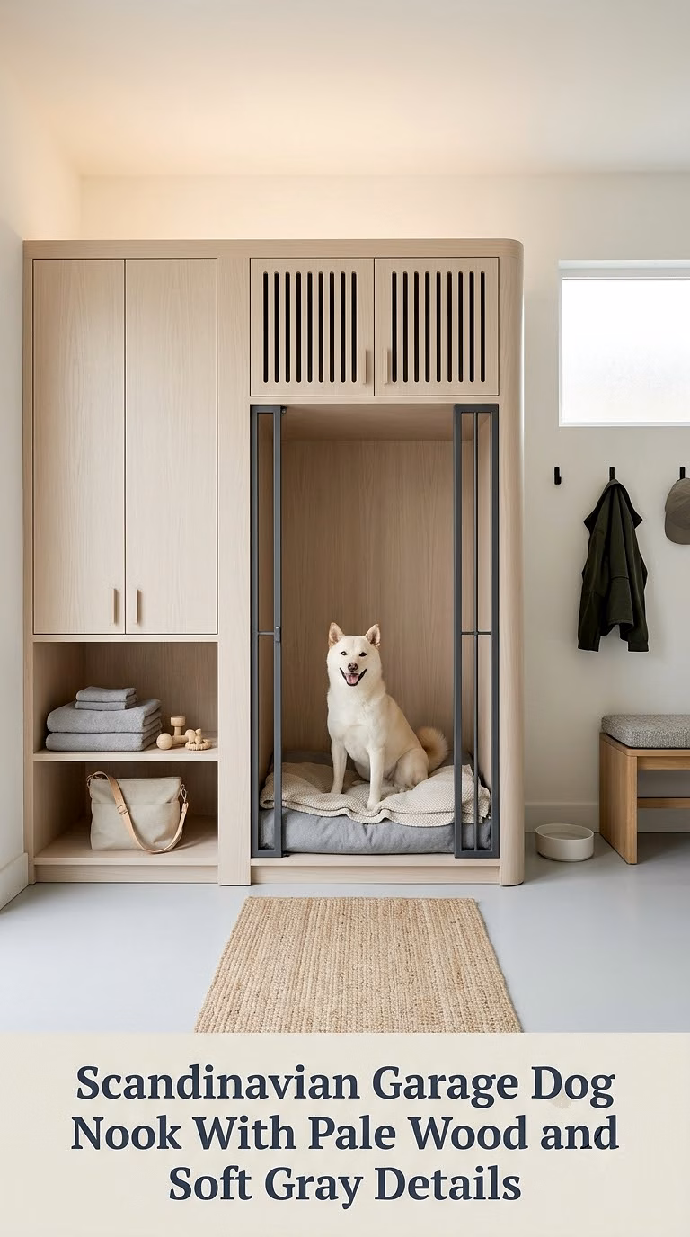 Scandinavian Garage Dog Nook With Pale Wood and Soft Gray Details
