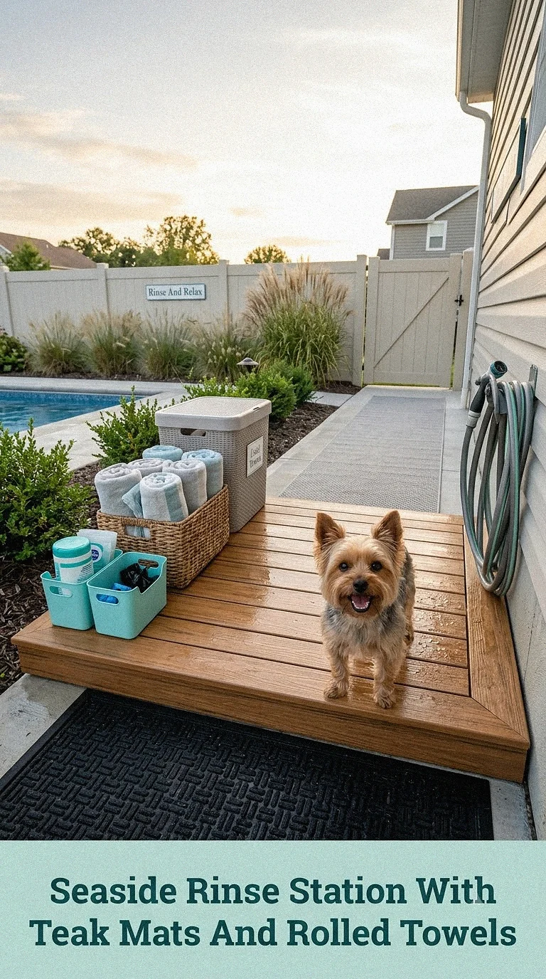 Seaside Rinse Station With Teak Mats And Rolled Towels