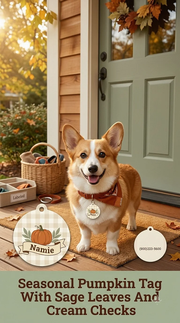 Seasonal Pumpkin Tag With Sage Leaves And Cream Checks