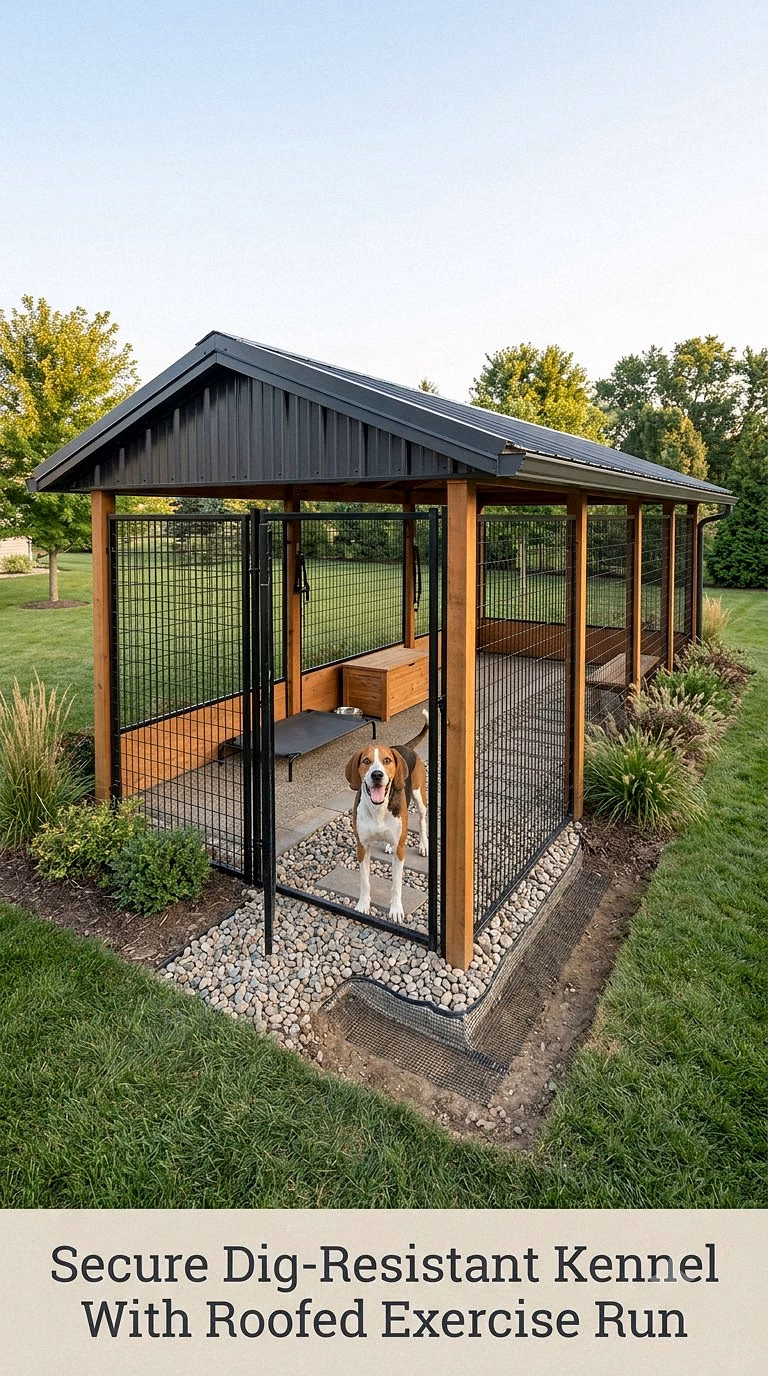 Secure Dig-Resistant Kennel With Roofed Exercise Run